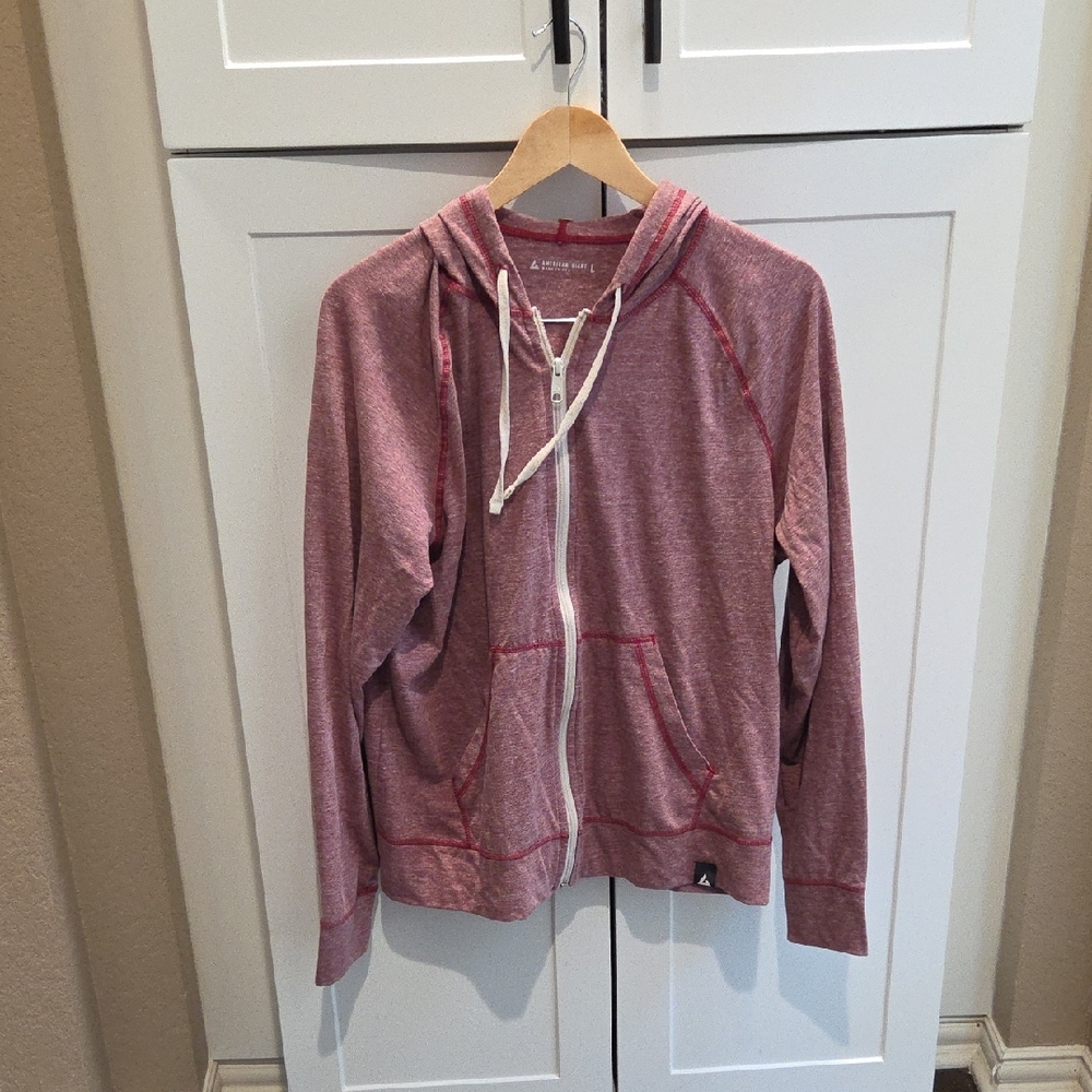 American Giant Heathered Maroon Zip Hoodie Jacket with White Trim